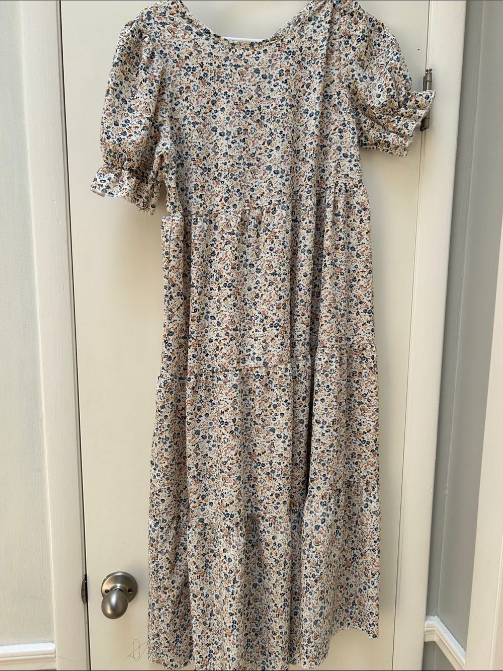 SHEIN Cream Floral Midi Dress with Blue and Brown Print
